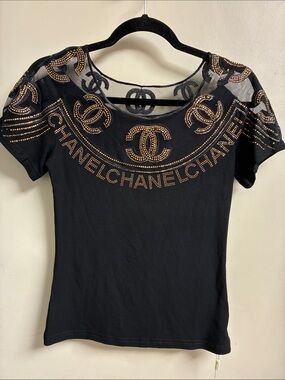 CHANEL Black Short Sleeve Logo Tee with Gold Stud Detailing
